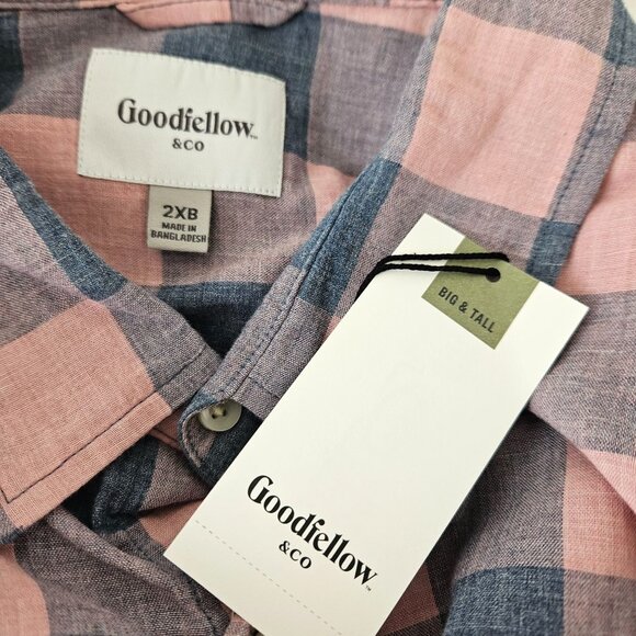 Mens 2XB Big & Tall Goodfellow & Co Pink & Blue Plaid Short Sleeve Cotton Shirt - Picture 8 of 9